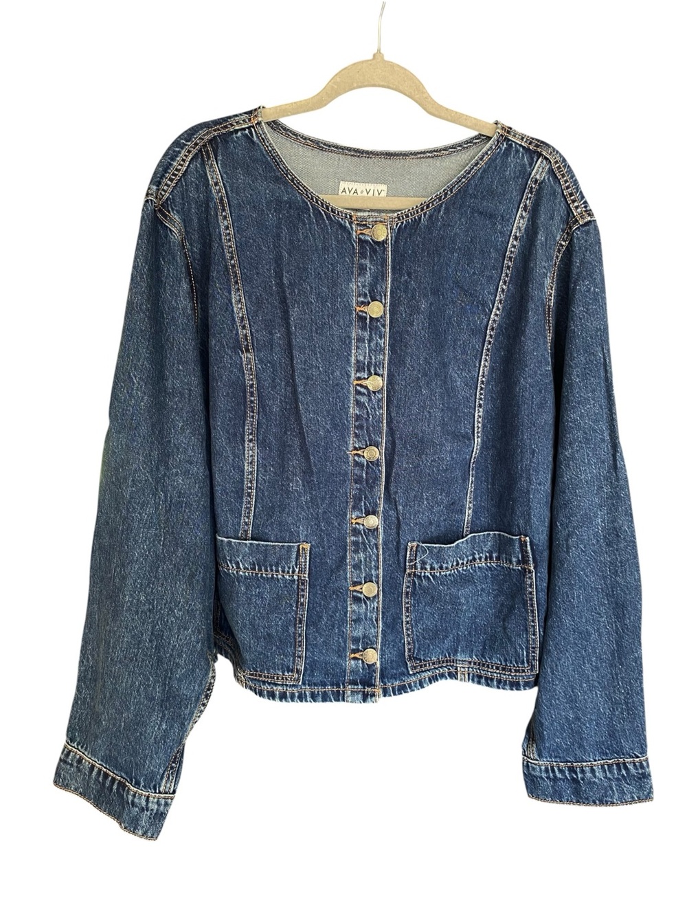 Ava and Viv Denim Jacket Plus Size 2X Chore Pockets Button Front Blue Cotton